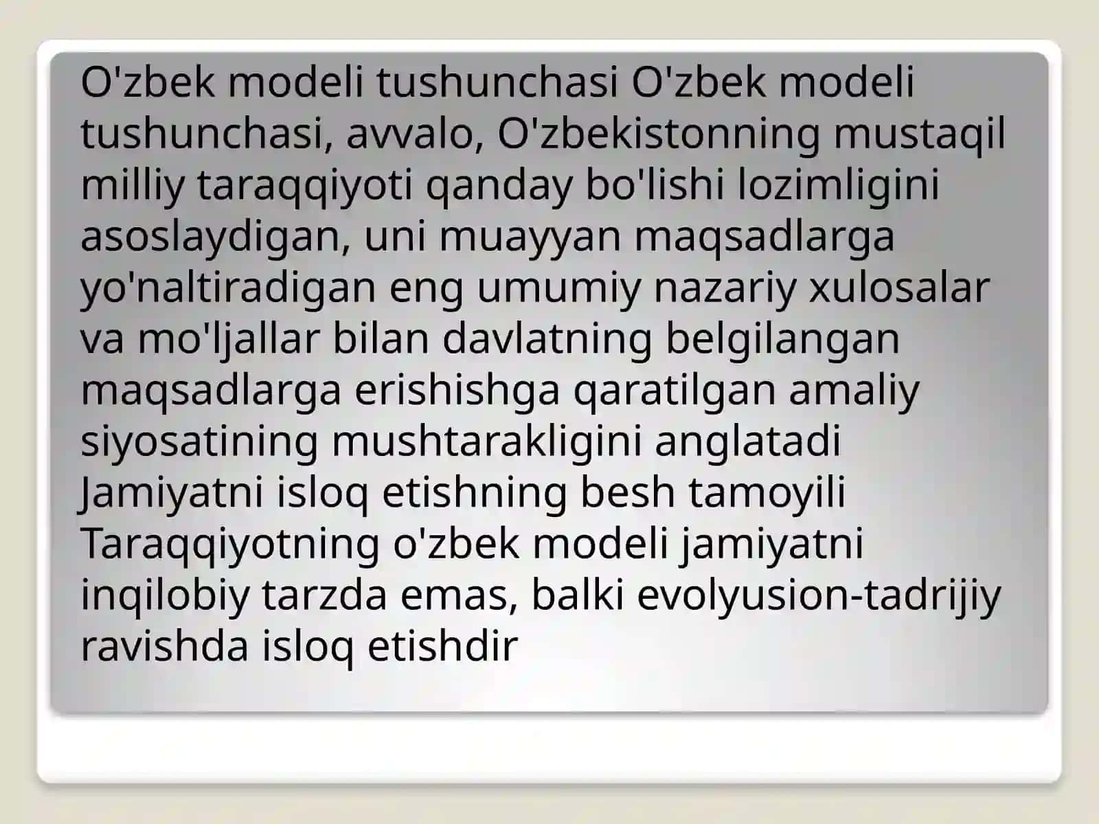 O'zbekiston respublikasi taraqqiyoti o'zbek modeli 3