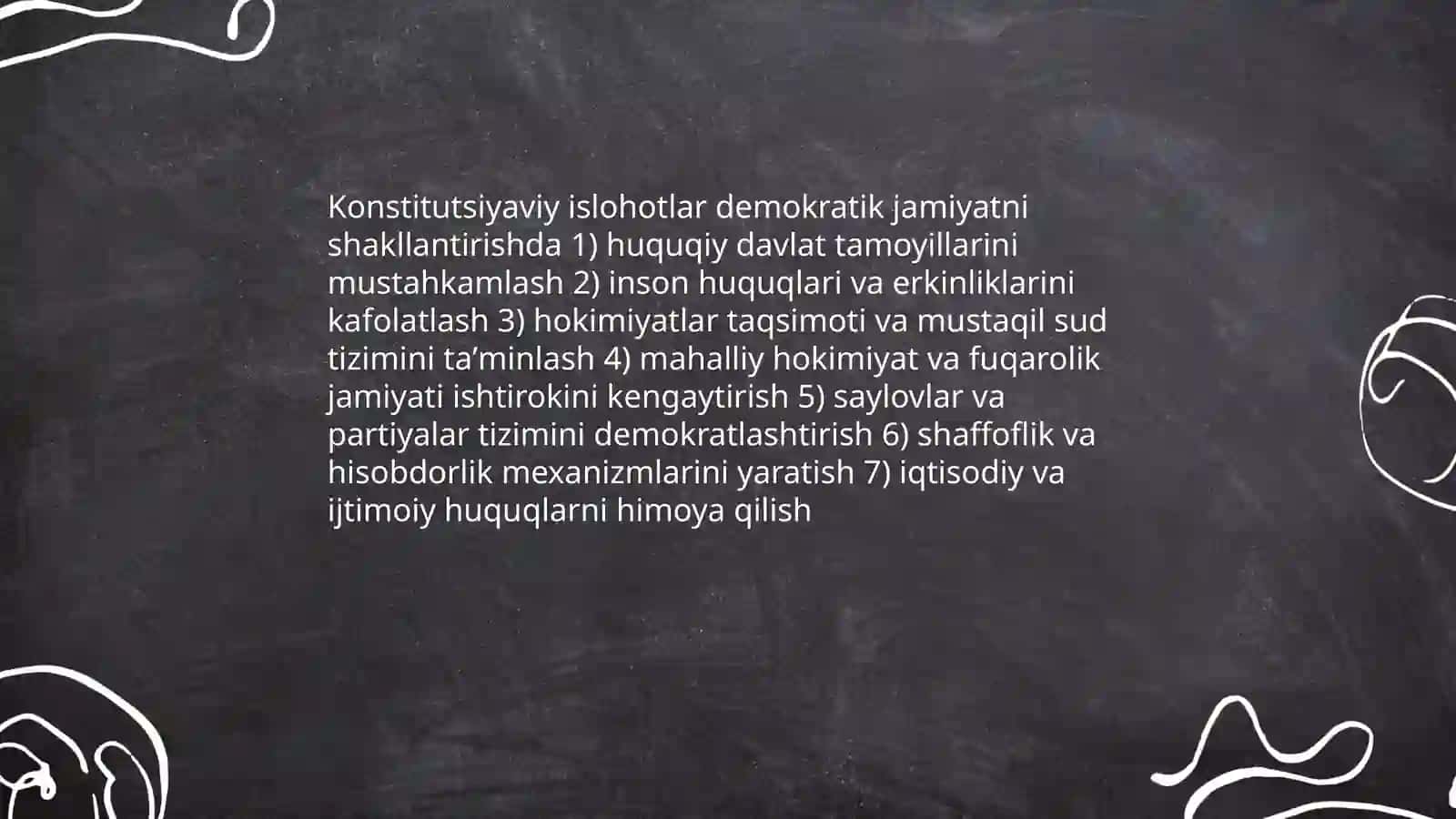 Oʻzbekistonda huquqiy siyosiy islohotlarning amalga oshishi demokratik jamiyatni shaklantirish yoʻlidagi islohotlar 3