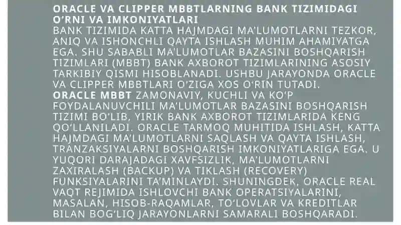 OraclevaClipperMBBT banksoxadagima’lumotlarini qayta islash texnologiyalari 3