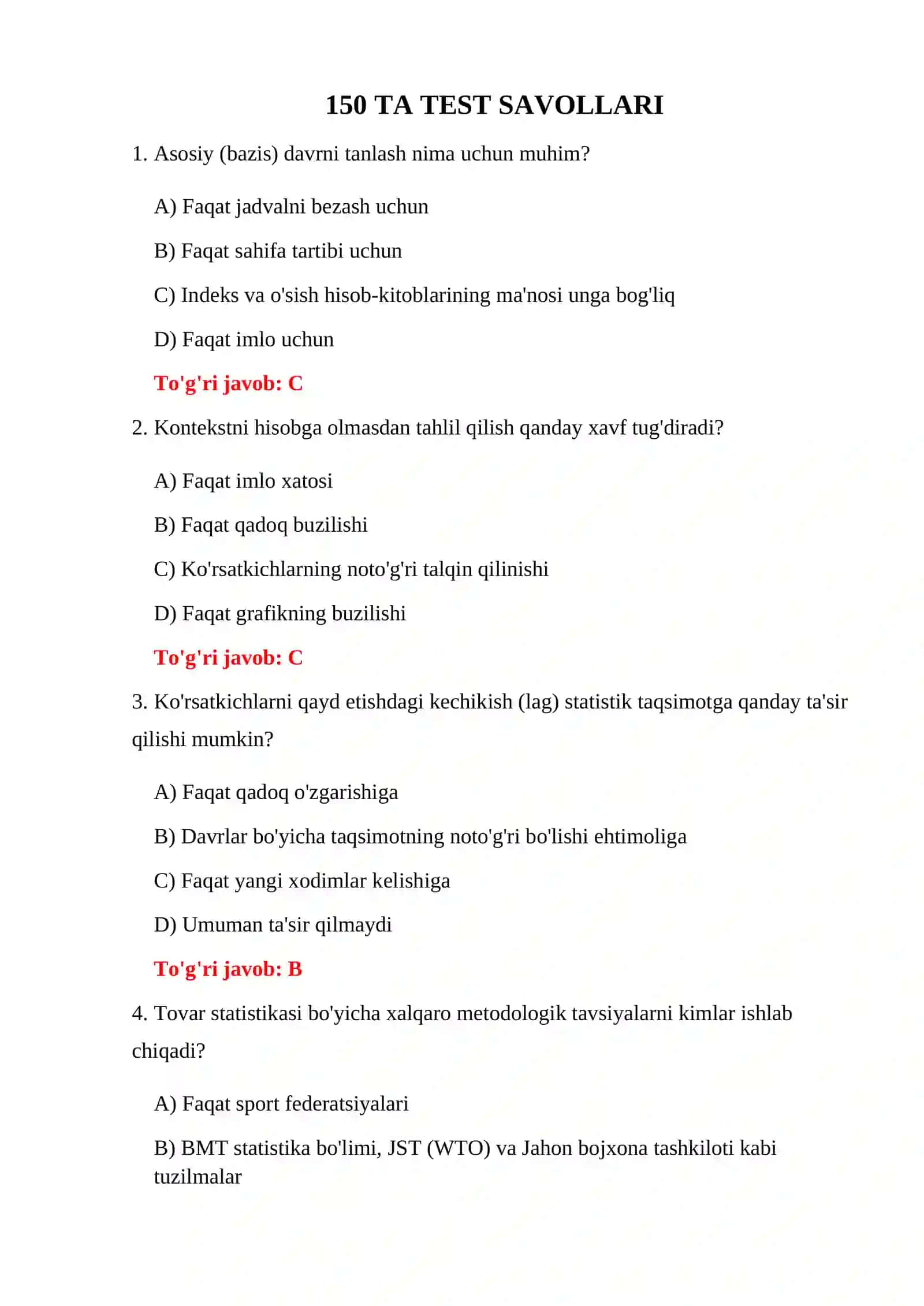 BOJXONA STATISTIKASI TEST SAVOLLARI 3
