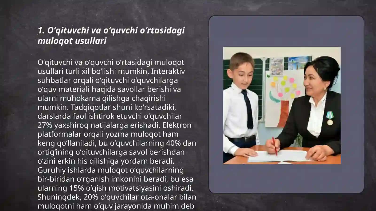 Oʻqituvchi faoliyatida muloqot madaniyati va psixologiyasi. Oʻqituvchi va oʻquvchi oʻrtasidagi muloqot. Pedagogik nazokatva odob-axloq 3