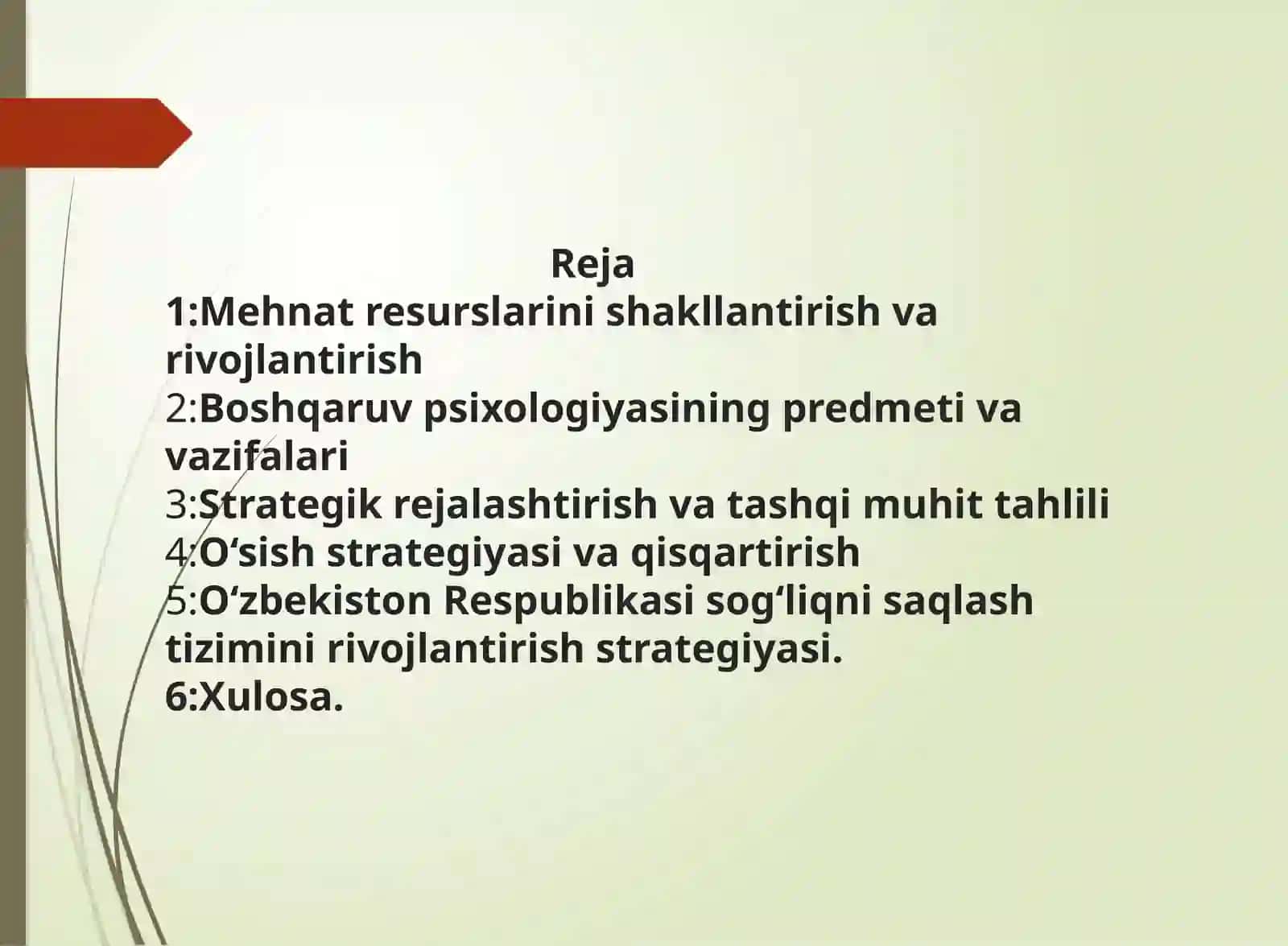 Mehnat resurslarini shakllantirish va rivojlantirish. Boshqaruv psixologiyasining predmeti va vazifalari. Strategik rejalashtirish. Tashqi muhit tahlili. O‘sish strategiyasi, qisqartirish. O‘zbekiston Respublikasi sog‘liqni saqlash tizimini rivojlantirish strategiyasi: sog‘liqni saqlash sohasidagi islohatlar 3