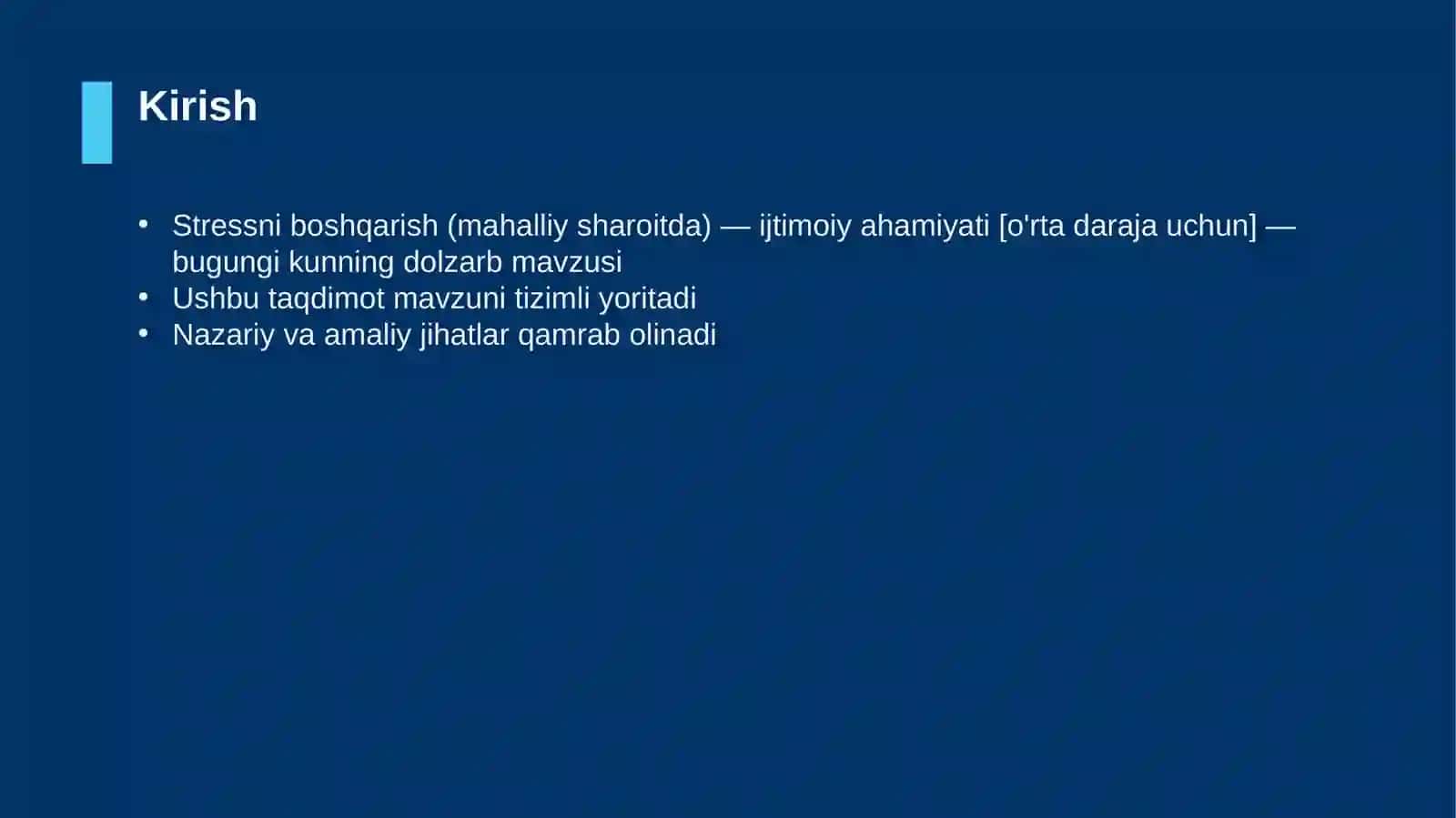 Stressni boshqarish (mahalliy sharoitda) — ijtimoiy ahamiyati [o'rta daraja uchun] 3