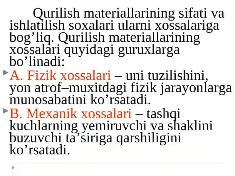 Qurilish materiallarining asosiy xossalari 3