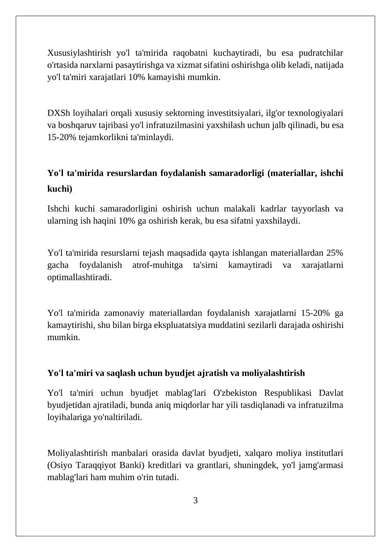 Avtomobil yoʻllari saqlash va tamirlashda iqtisodiy samaradorlig 3