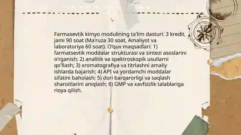 Farmasevtik kimyo modulining farmasevtika sohasidagi o'rni va rivojlanish istiqbollari.Dori vositalari sifati bo'yicha mas'ul mutaxassislar 3