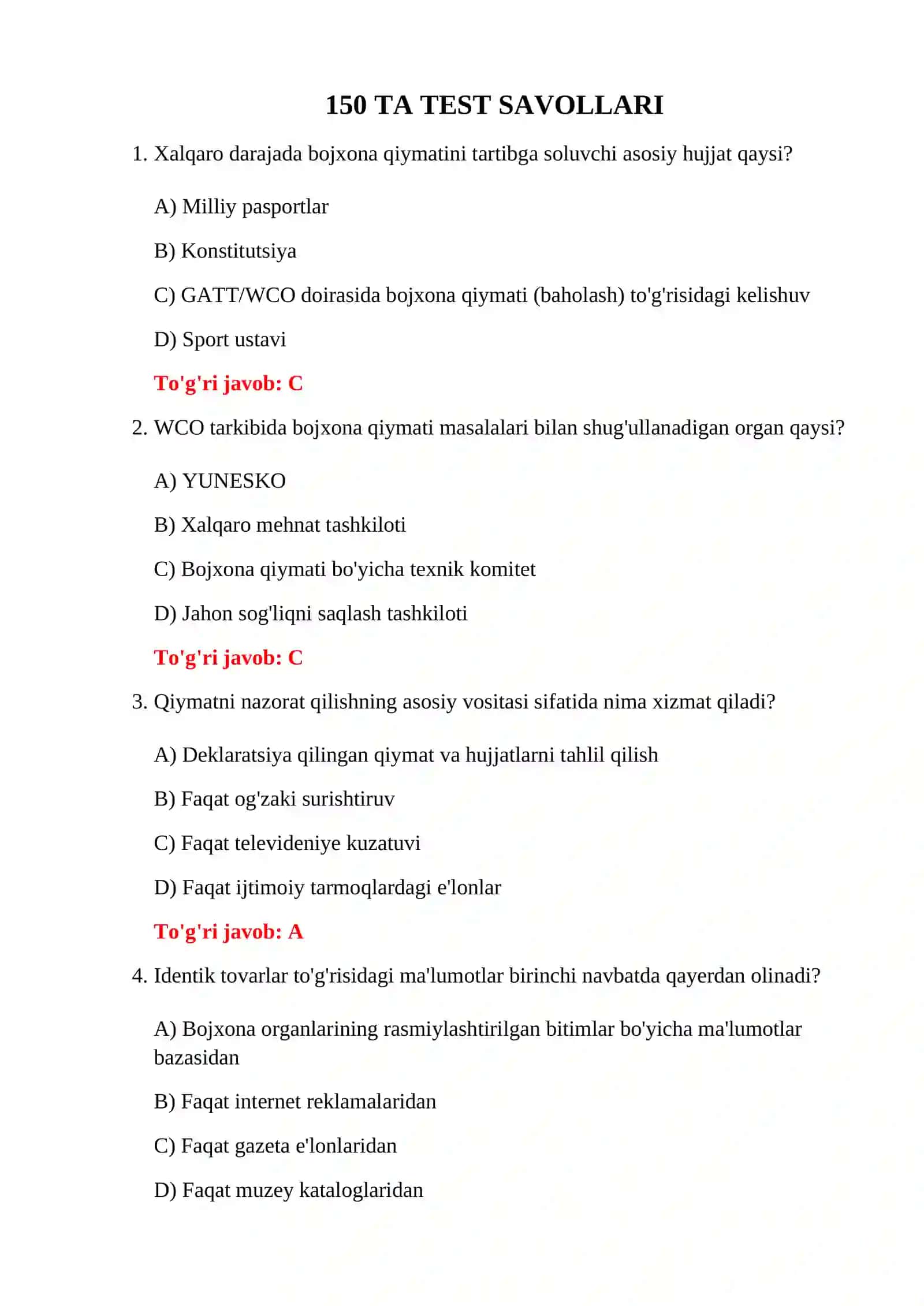 Bojxona Testlar To'plami 3