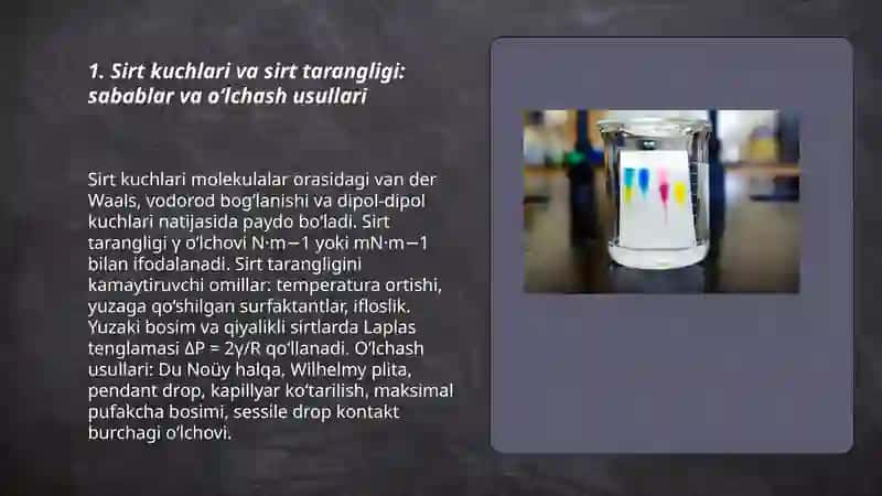Sirt xodisalari va adsorbsiya. Xromatografiya. Dispers sistemalar. Kolloid sistemalarning turg‘unligi 3