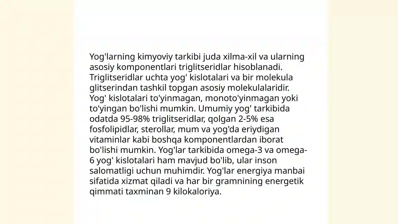 Yog'lar: kimyoviy tarkibi, tuzilishi va funksiyalari, ularning klassifikatsiyasi 3