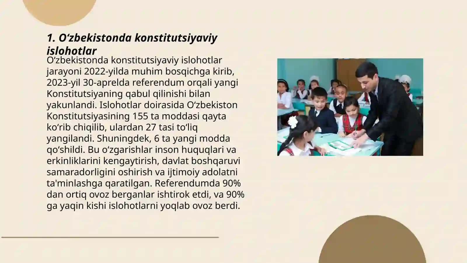 Oʻzbekistonda huquqiy siyosiy islohotlarning amalga oshirilishi, demokratik jamiyatni shakllantirish yoʻlidagi islohotlar 3