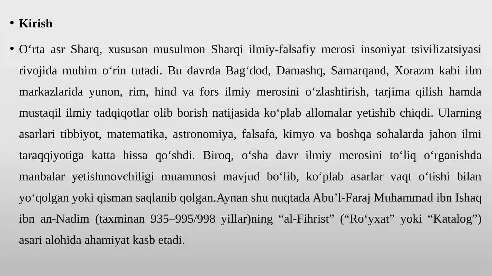 O‘rtaasr Sharq allomalari ilmiy merosini o‘rganishda Ibn an-Nadimning “al-Fihrist” asari o‘rni 3