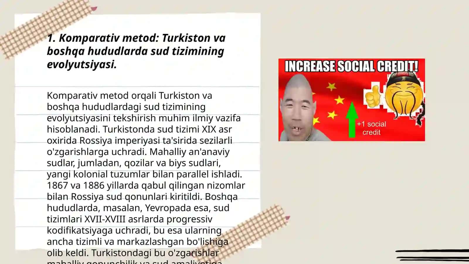 Turkistonda sud tizimi va harbiy tartibotining o'rnatilishi mavzusini "komparativ ", "analitik " va " ijtimoiy tahlil "metodlari uyg'unligi asosida o'qitish 3
