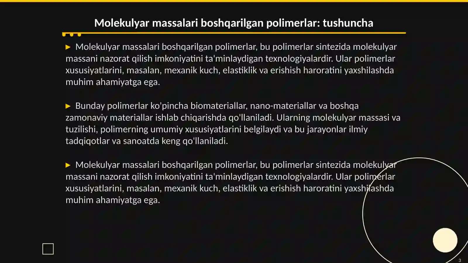 Molekulyar massalari boshqarilgan polimerlar sintezi va ularning molekulyar-massaviy xarakteristikalari 3