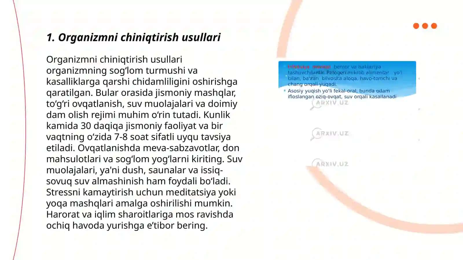 Organizmning chiniqishi. Yuqumsiz ya yuqumli kasalliklar. Vitaminlar 3