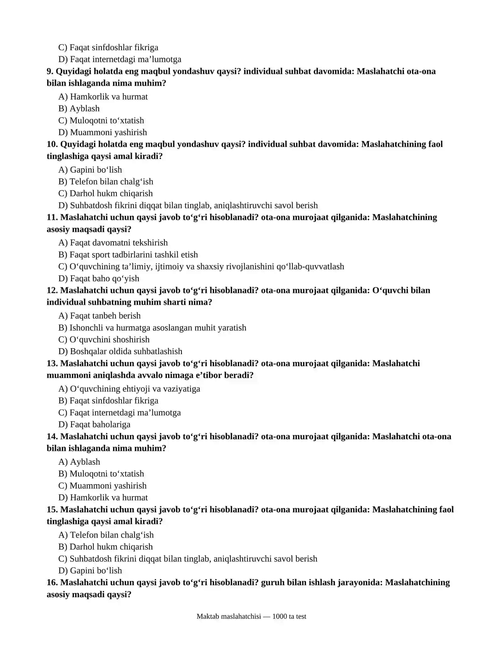Maktab maslahatchisi uchun 1000 ta test savollari va javoblari 3