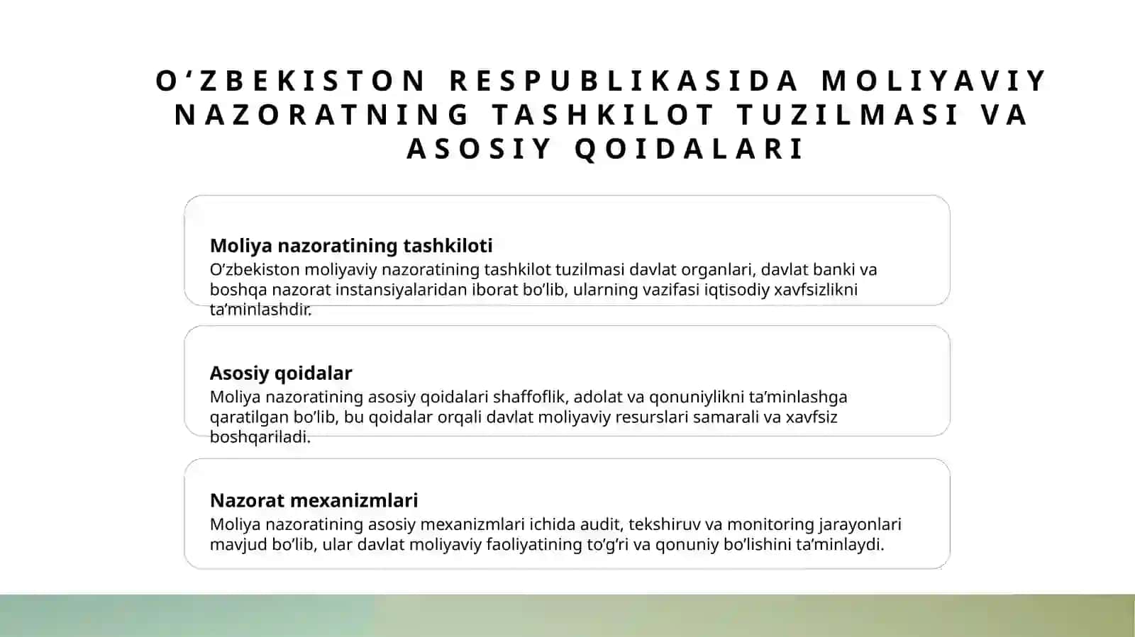 O‘zbekiston Respublikasining moliyaviy nazorat tizimida auditning tutgan o‘rni 3