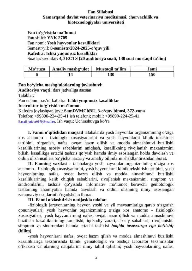 YOSH HAYVONLAR KASALLIKLARI ISHCHI OʻQUV DASTURI (SILLABUSI) 3