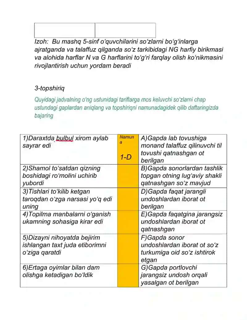 fonetika - imlo, fonetika -talaffuz, leksikologiya, mustaqil so'zlar, yordamchi so'zlar, oraliqdagi so'zlar. 3