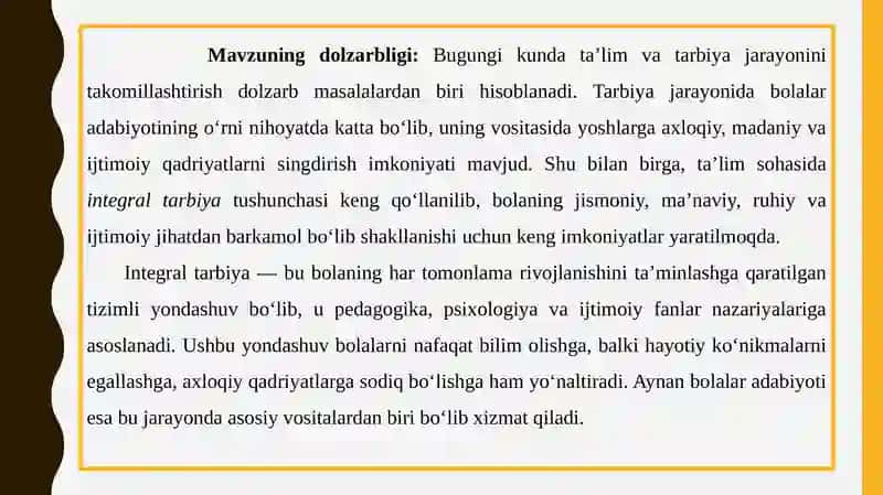 BOLALAR ADABIYOTI VOSITASIDA INTEGRAL TARBIYANI YO‘LGA QO‘YISHNING MEDOTIK MEXANIZMINI TAKOMILLASHTIRISH 3