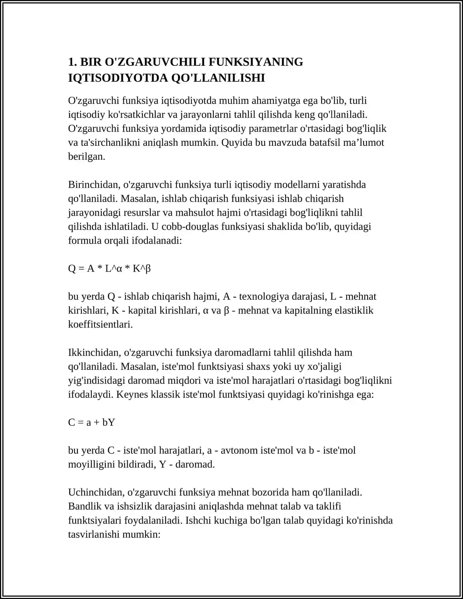 BIR O'ZGARUVCHILI FUNKSIYANI TEKSHIRISHNING IQTISODIYOTGA BOG'LIQLIGI 3