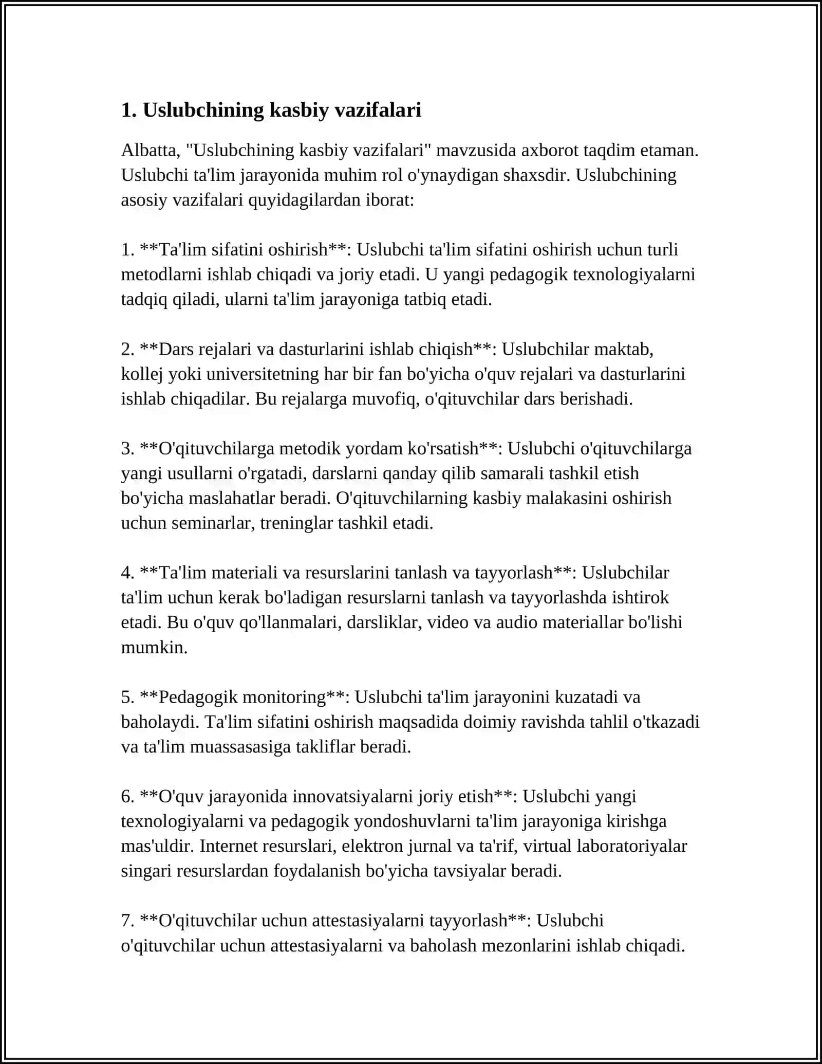 MUSTAQIL ISH Mavzu: MAKTABGACHA TALIM TASHKILOTNING USLUBCHI VA TARBIYACHISINING KASBIY VAZIFALARI 3