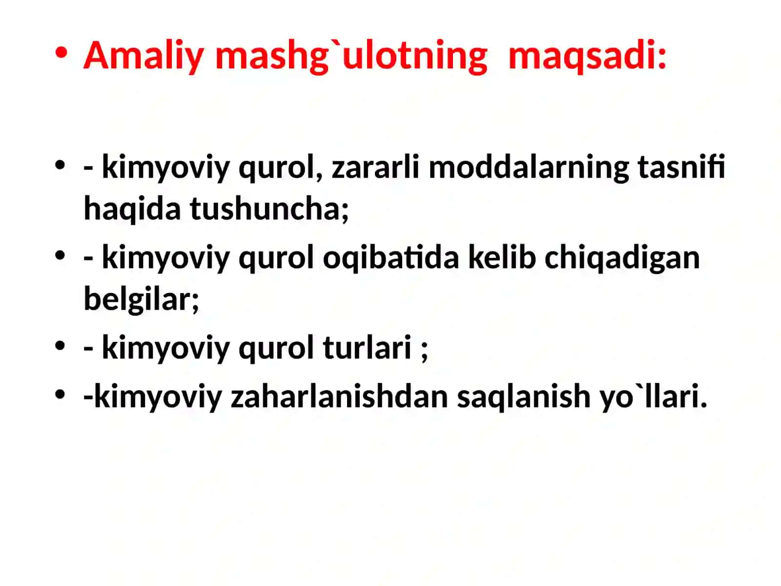 №12KimyoviyShikastlanisho`chоqlariningtibbiy-taktikxaraktеristikasiAxoliniyalpiqirginqurollaridanvafavquloddavazijtlardanmuxofazaqilishningasosiyprintsipvavositalari 3
