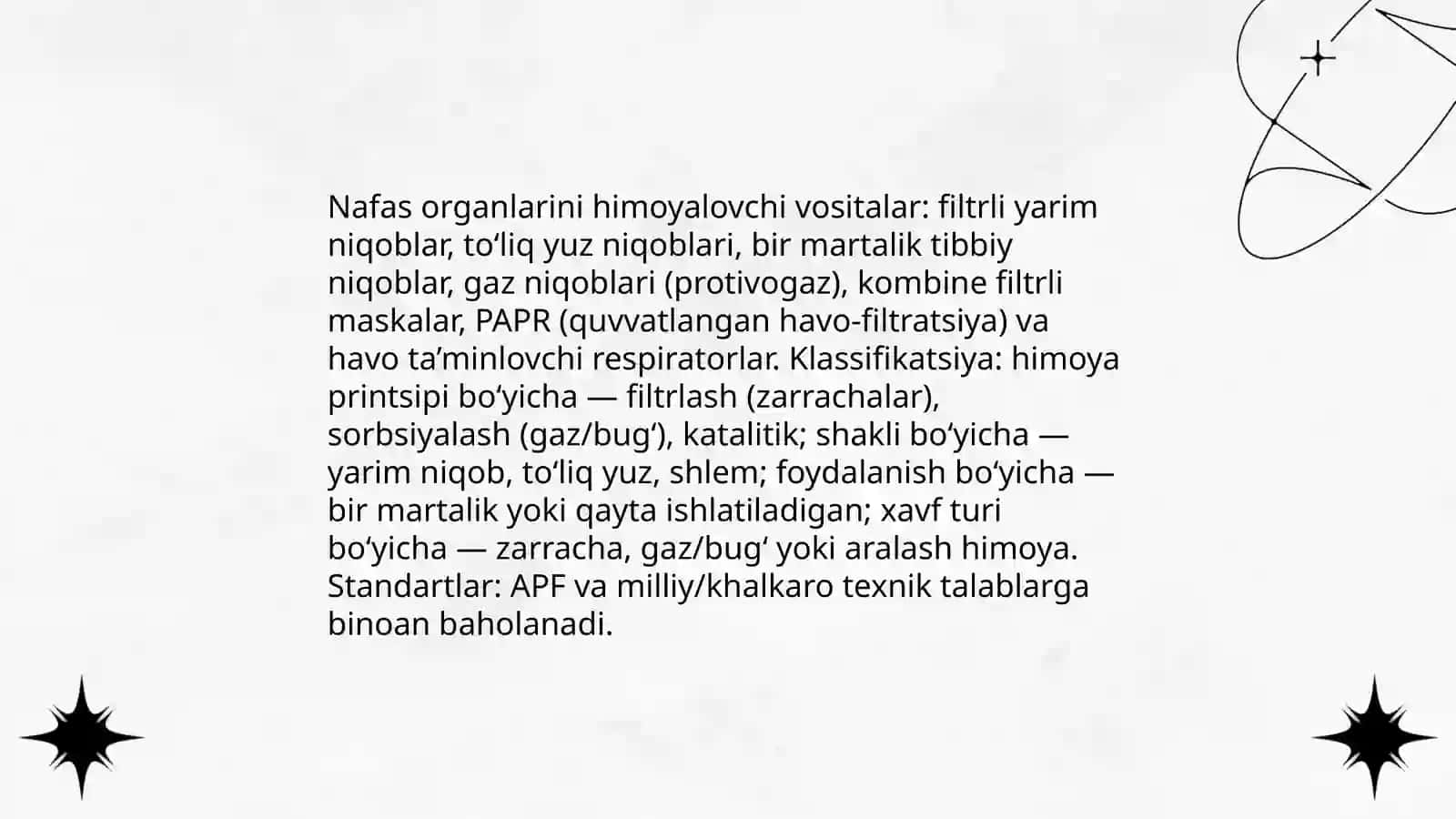 Nafas organlarini himoyalovchi individual himoya vositalari turlari va klassifikatsiyasi 3