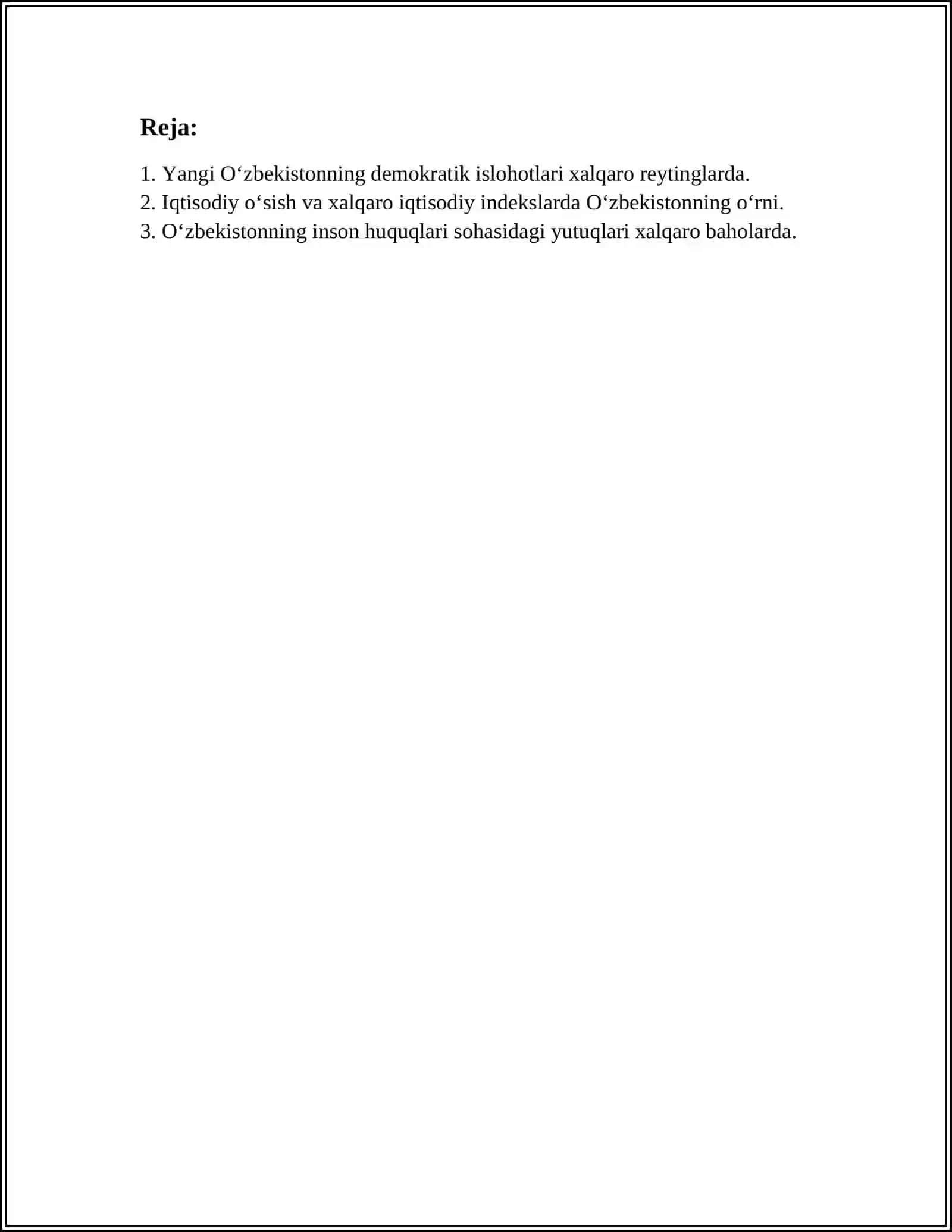 YANGI O‘ZBEKISTON IJTIMOIY-SIYOSIY, IQTISODIY VA MADANIY HAYOTIDA ROʻY BERAYOTGAN OʻZGARISHLARNING XALQARO REYTING VA INDEKSLARDA AKS ETISHI 3