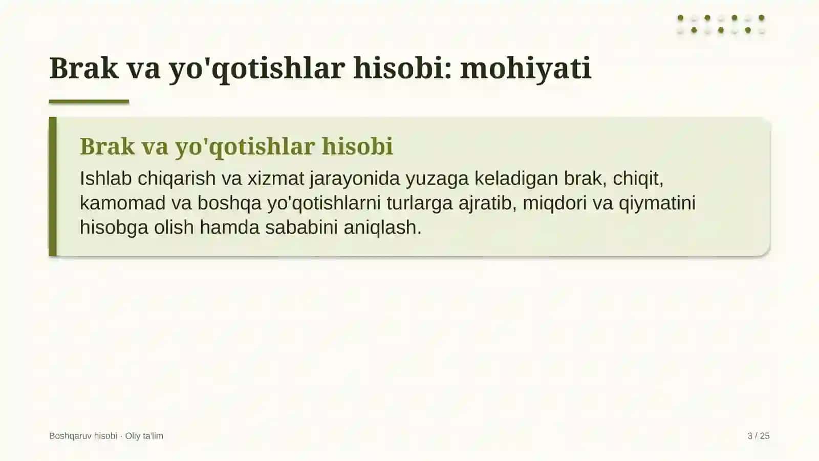 un yorma sanoatida yo'qotish va brakdan zararlarni hisobga olish 9690 3