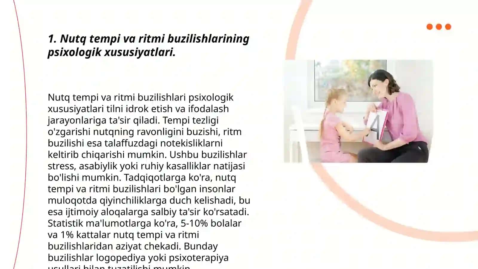Nutqning temp-ritm buzilishlari bo'lgan bolalarning psixologik xususiyatlari (bilish jarayonlari, xissiy-irodaviy soxasi, shaxslararo munosabati, faoliyati), ularni tekshirish va korreksiyalash 3