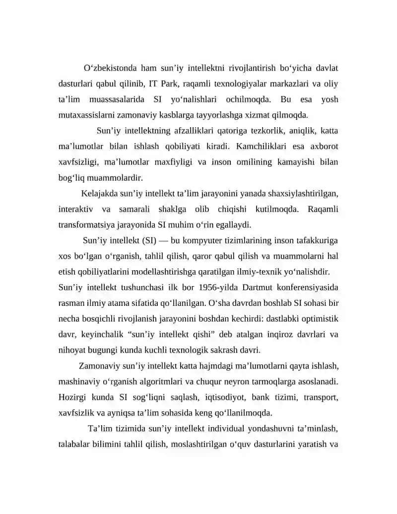 Sun’iy Intellekt: Rivojlanishi, Qo‘llanilishi va Zamonaviy Texnologiyalardagi O‘rni (Mustaqil Ish) 3