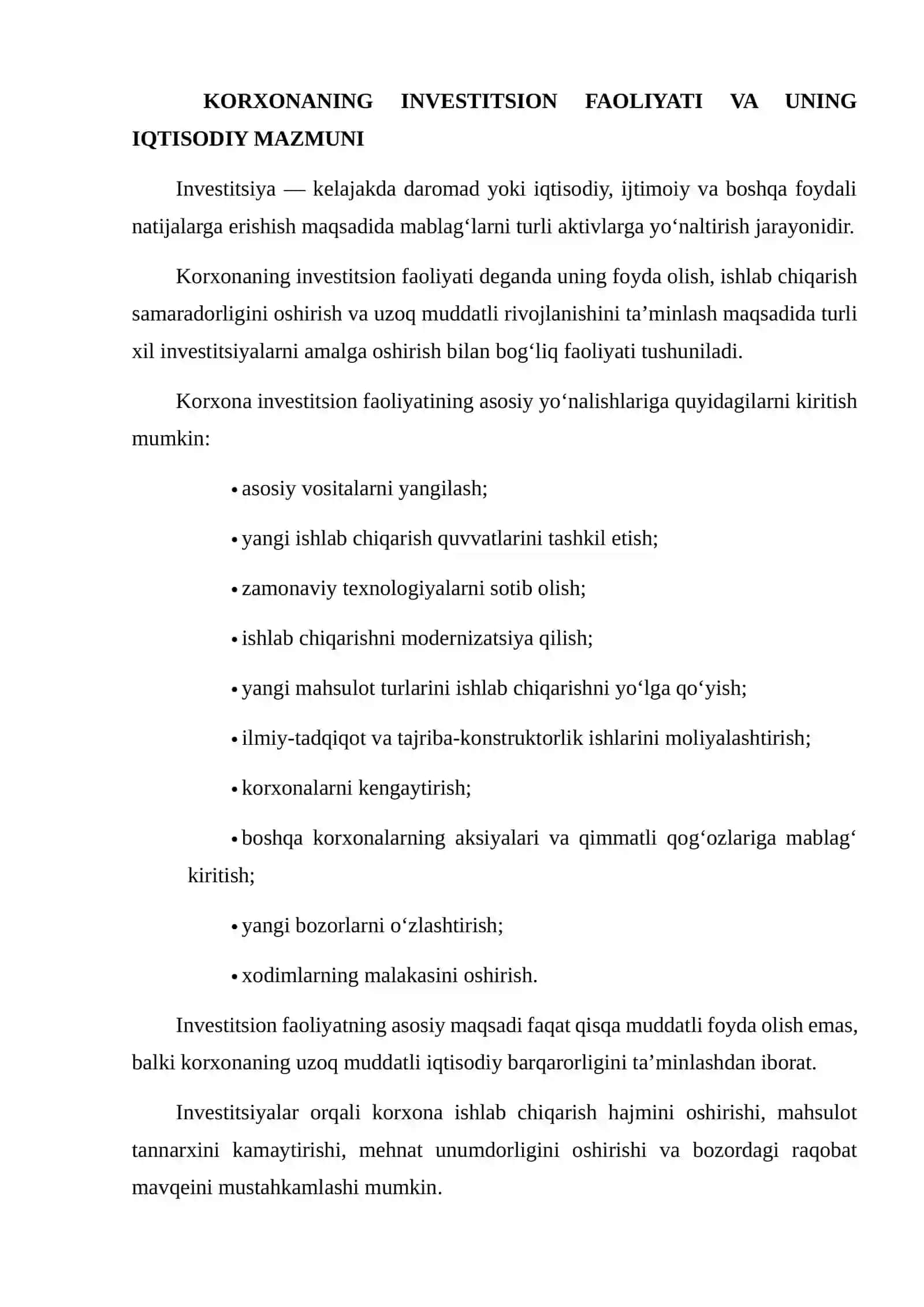 KORXONANING INVESTITSION FAOLIYATI VA INVESTITSIYALARNING IQTISODIY SAMARADORLIGINI QIYOSIY TAHLIL QILISH 3