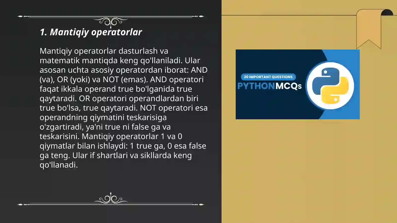 Python dasturlash tilida mantiqiy, taqqoslash va bitli operatsiyalar 3