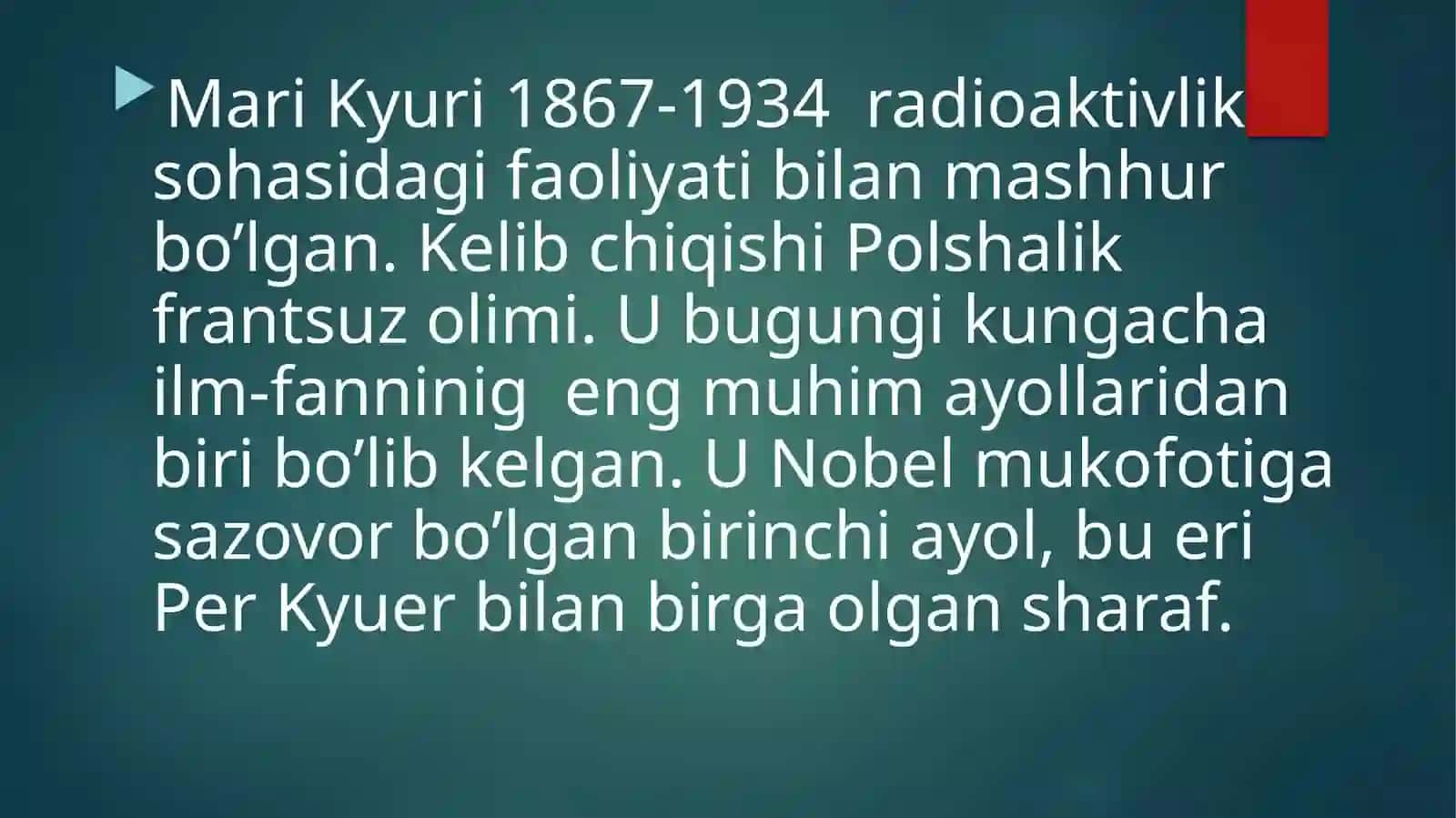 M. Kyurining kimyoviy kashfiyoti Radiy birikmalarining xossalari 3