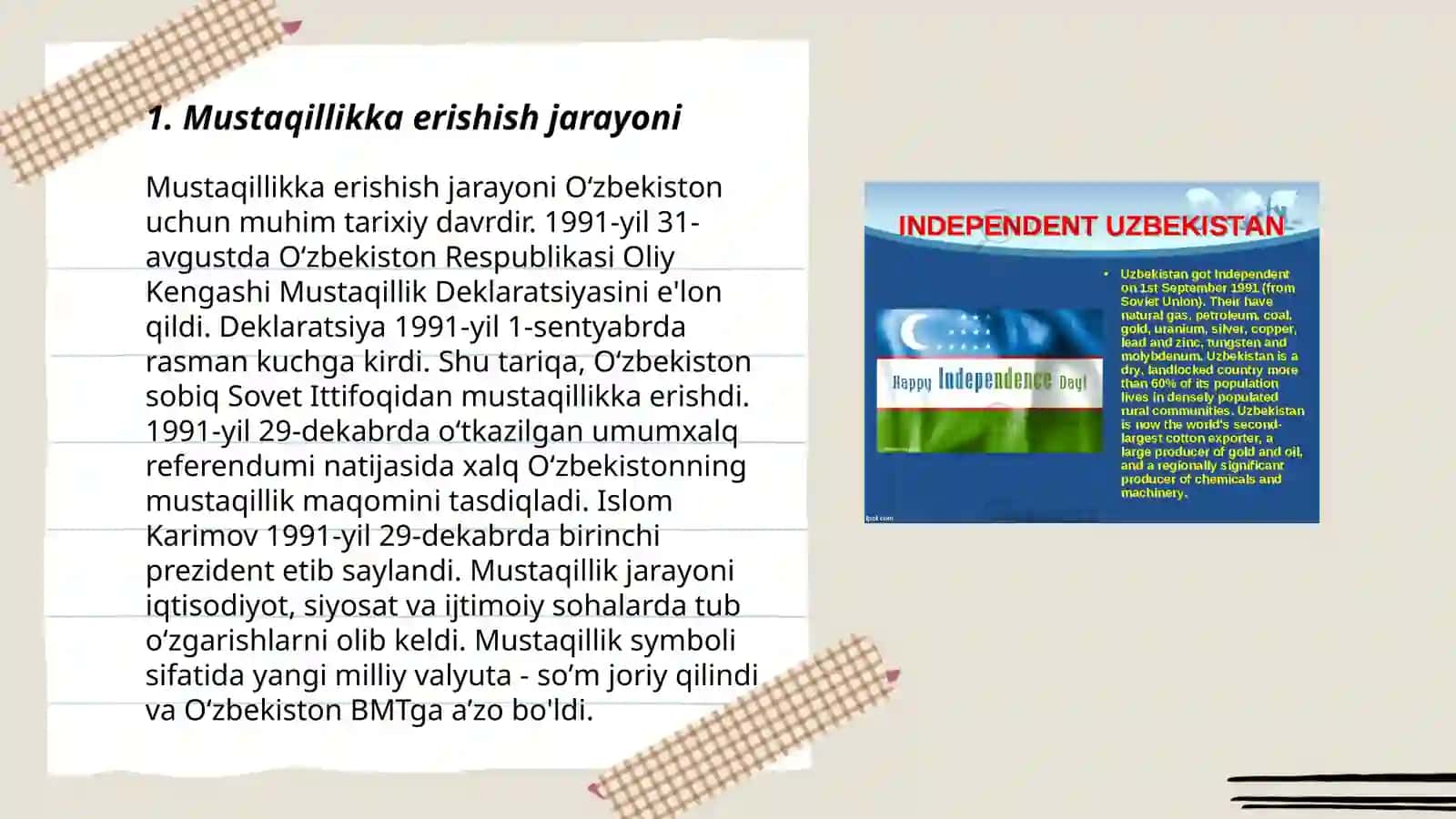 Mustaqil O'zbekiston Respublikasining tashkil topishi va tarixiy ahamiyati 3