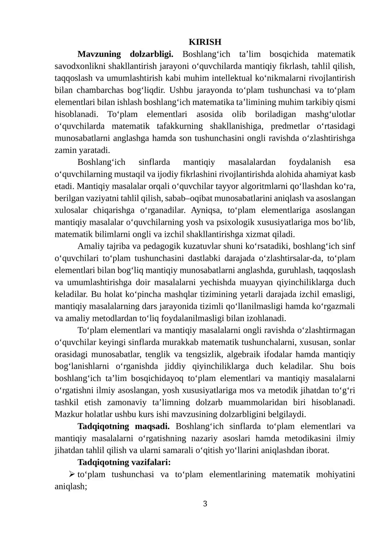 "BOSHLANG‘ICH SINFLARDA TO‘PLAM ELEMENTLARI, MANTIQIY MASALALAR" MAVZUSIDA TAYYORLAGAN KURS ISHI 3