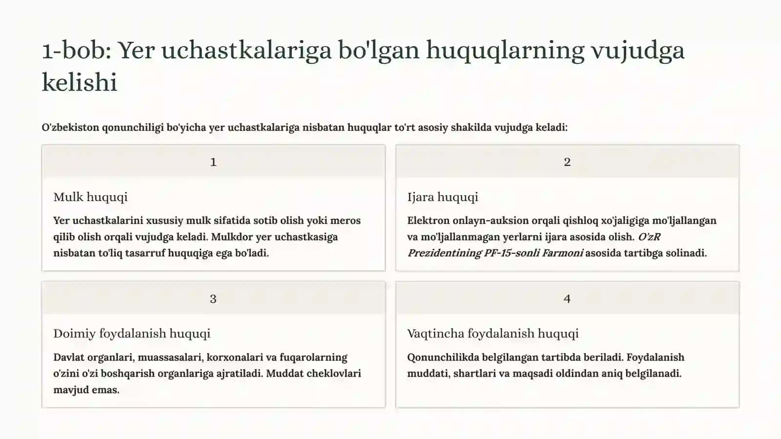 Yer uchastkasiga nisbatan huquqlarning vujudga kelishi va bekor bo'lish asoslari 3