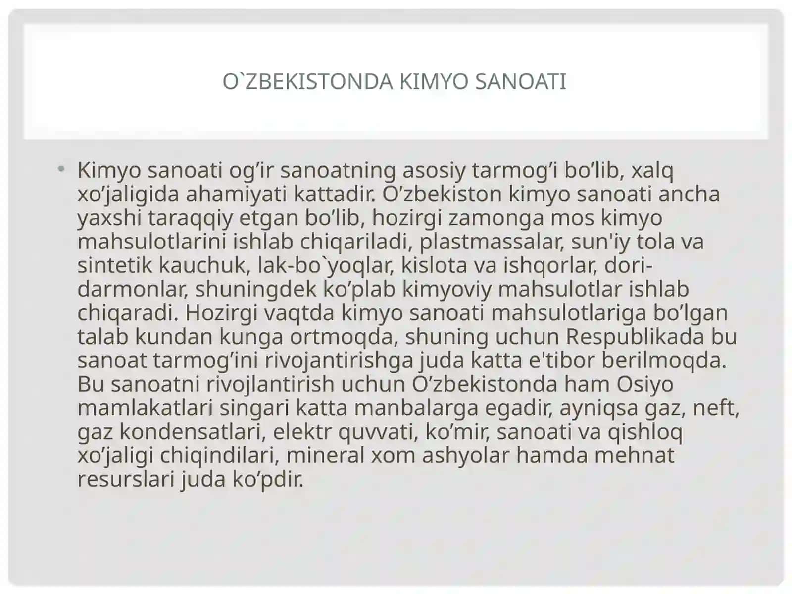 O`zbekistonda  kimyoviy xomashyo xillarining manbalari 3