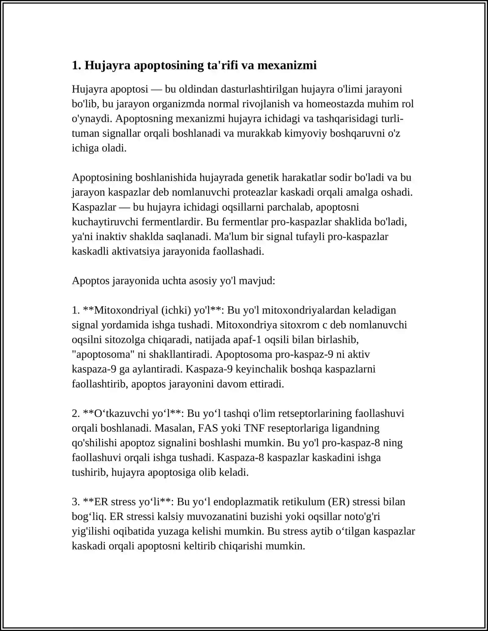 HUJAYRA APOPTOZI VA UNING BIOLOGIK AHAMIYATI MOVZUSIDA MUSTAQIL ISH BORMI 3