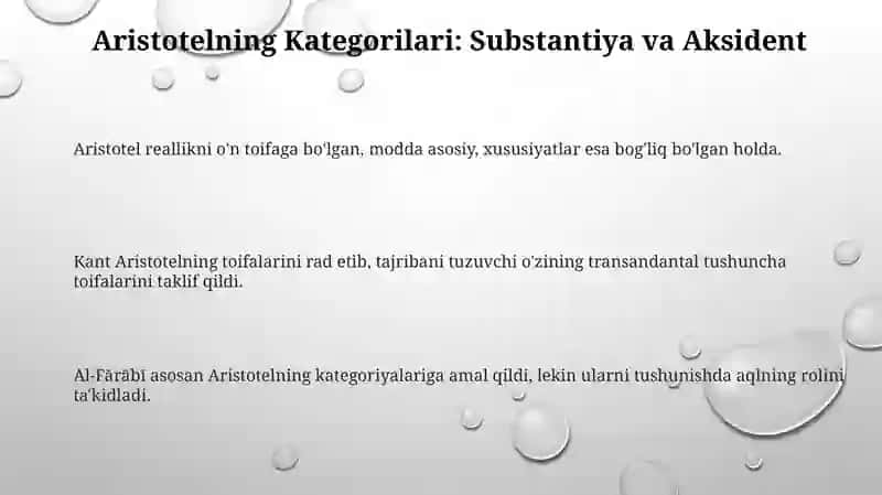 Aristotel farobiy va kant ontologiyasida katagoriyalarning tafnifi 3