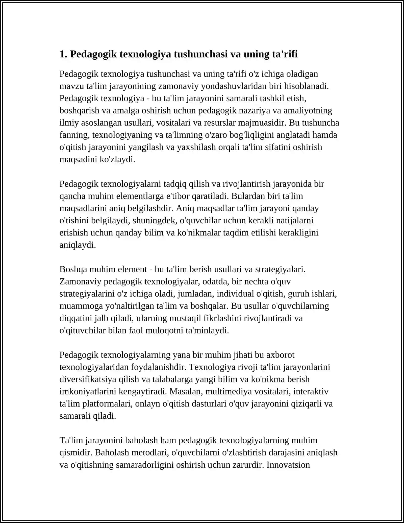 MUSTAQIL ISH Mavzu: PEDAGOGIK TEXNOLOGIYASINING ILMIY-NAZARIY ASOSI VA RIVOJLANISH TARIXI 3