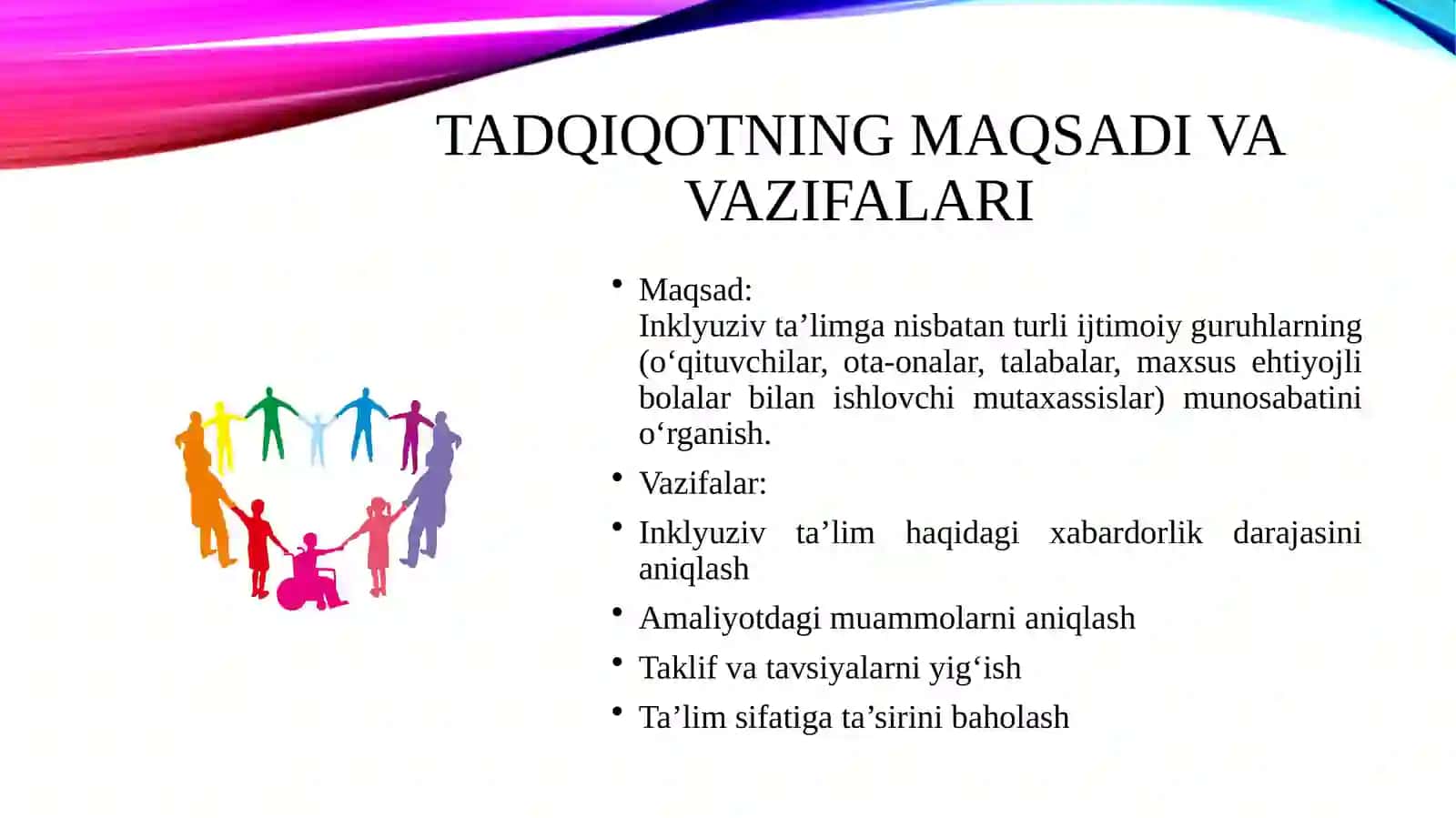 Inklyuziv ta'lim g'oyalarini amaliyotga tadbiq etish bo'yicha turli guruhlarga mansub respodentlarni fikrlarini aniqlashga qaratilgan sotsiologik tadqiqotlar va so'rovnomalar tayyorlash va ishlab chiqish 3