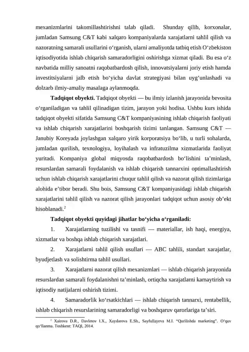 SAMSUNG C&T KOMPANIYASI MISOLIDA ISHLAB CHIQARISH XARAJATLARINI TAHLIL QILISH VA NAZORAT QILISH AMALIYOTI 3