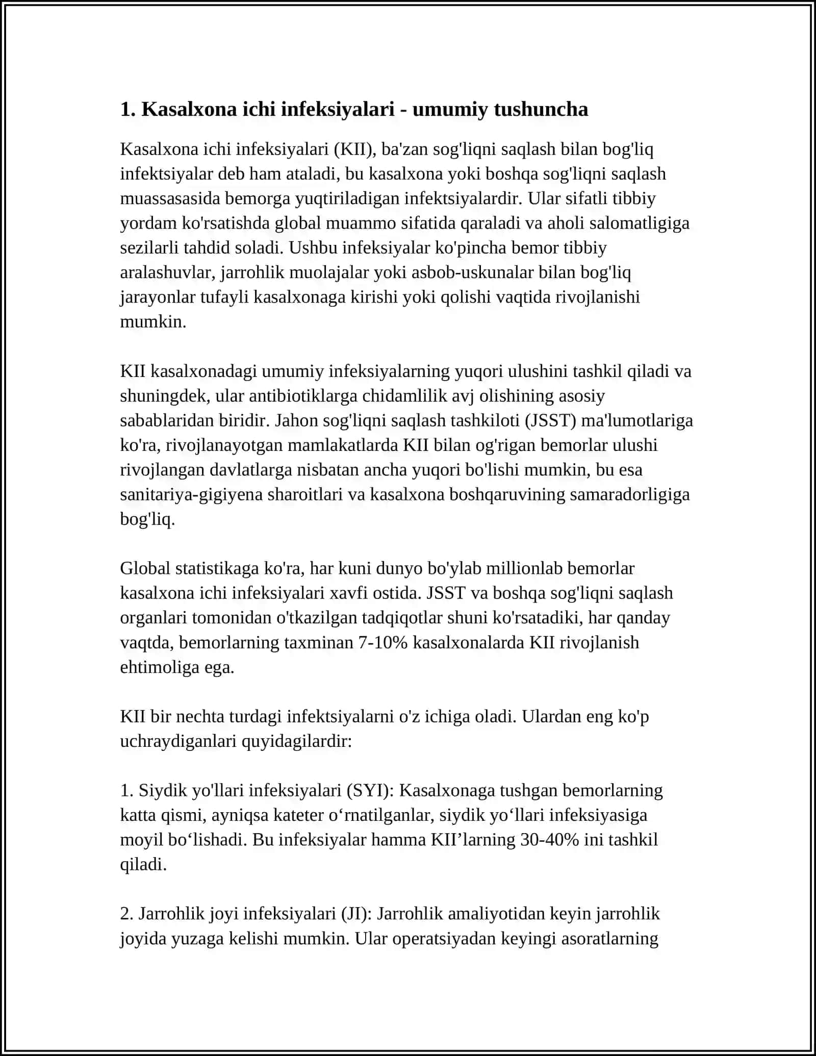 LOYIHA MATERIALLARI BO‘YICHA DAVOLASH-PROFILAKTIKA MUASSASALARINI BAHOLASH. KASALXONA ICHI INFEKSIYALARINI KELIB CHIQISHI UCHUN HAVONING BAKTERIAL IFLOSLANGANLIGINI AHAMIYATI 3
