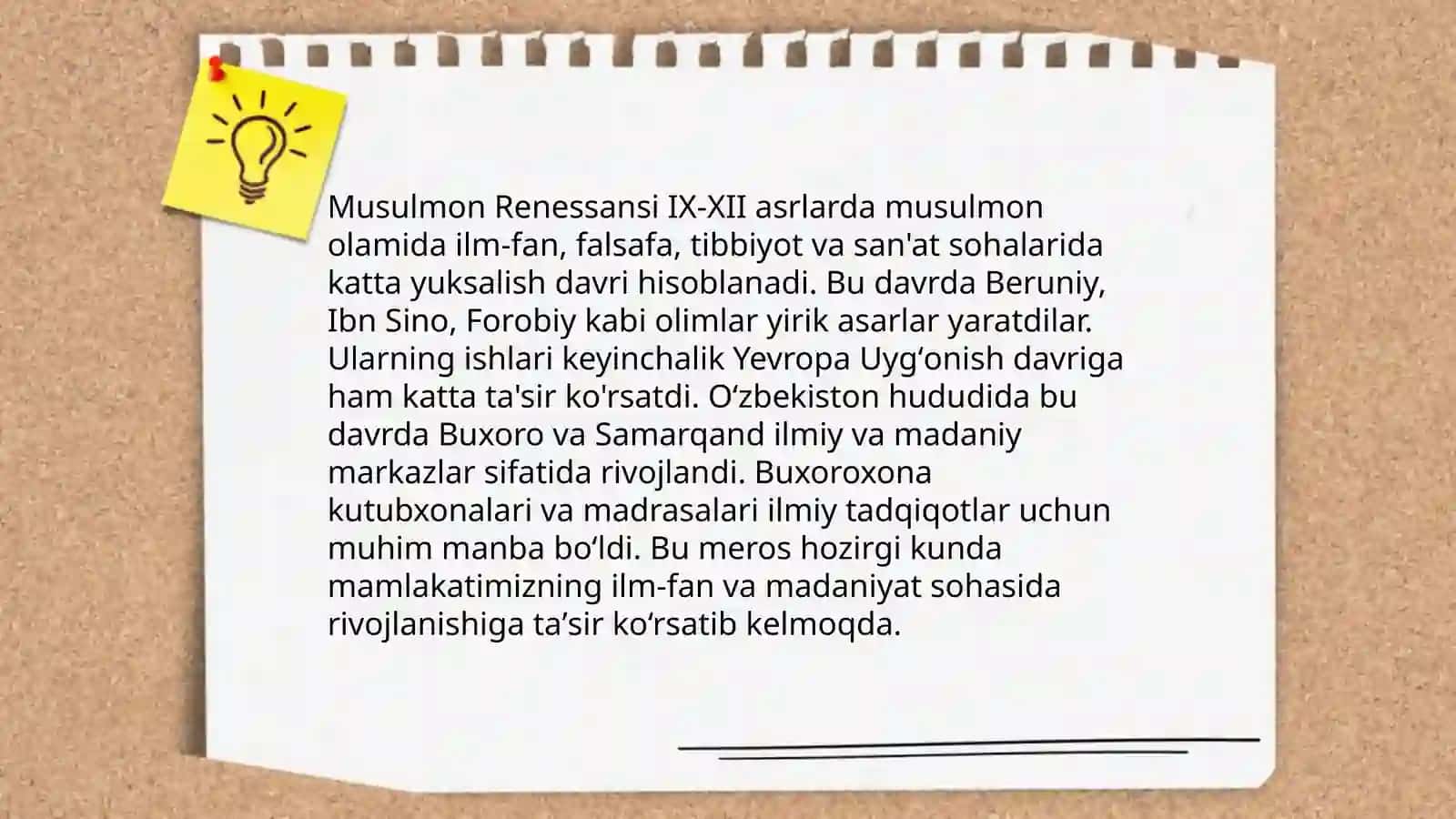 IX-XII asrlarda mamlakatimiz hududida ro'y bergan madaniy Uyg'onish(Renessans).Buyuk allomalarning jahon svilizatsiyasiga qo'shgan hissasi 3