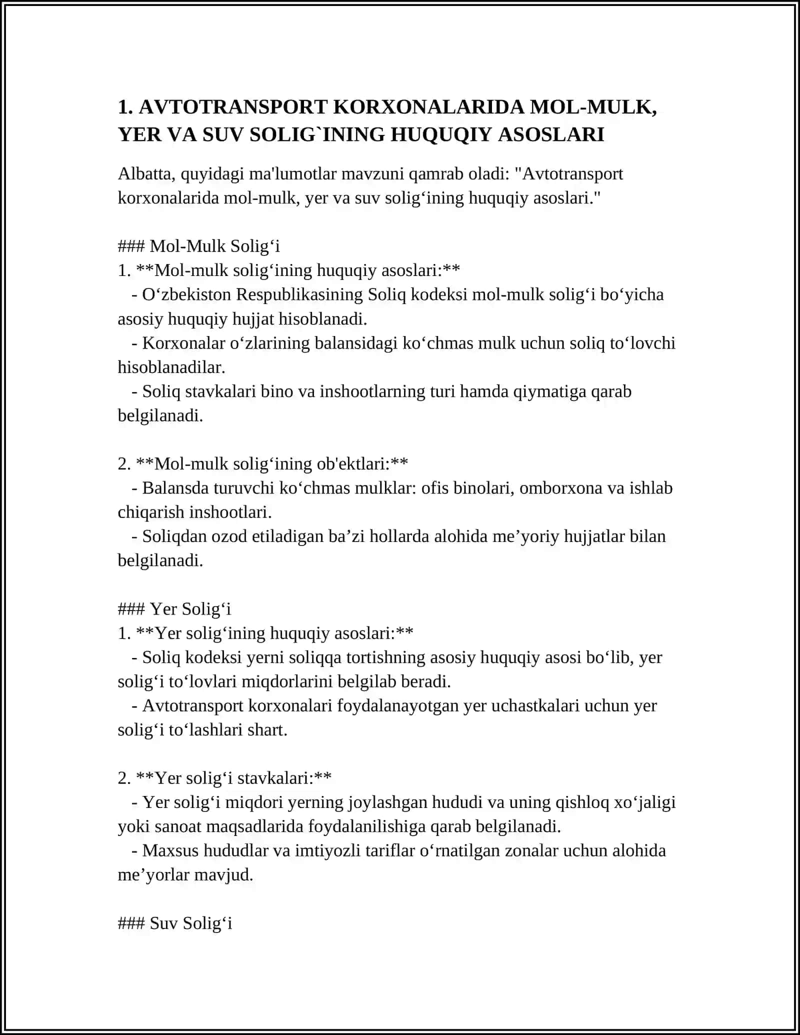 AVTOTRANSPORT KORXONALARIDA MOL-MULK, YER VA SUV SOLIG`I HISOBI VA HISOBOTI 3