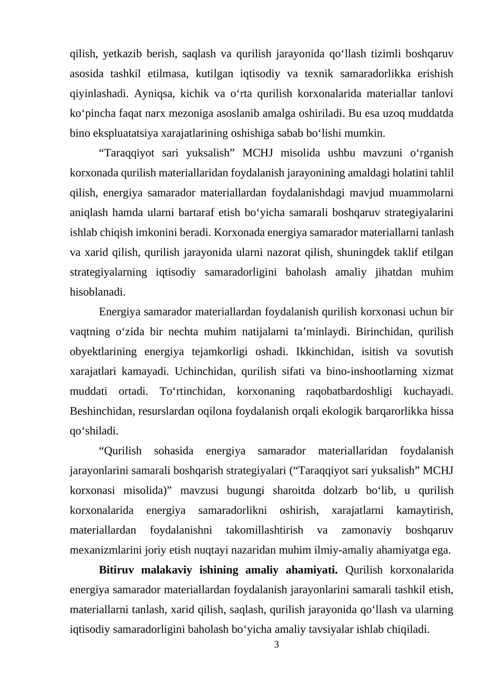 Bitiruv malakaviy ish mavzusi: “Qurilish sohasida energiya samarador materiallaridan foydalanish jarayonlarini samarali boshqarish strategiyalari ( "TARAQQIYOT SARI YUKSALISH '' MCHJ misolida)” 3