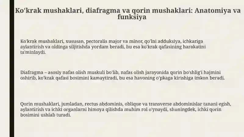 Ko‘krakmushaklari.Diafragma.Qorinmushaklari.Qorinto‘g‘rimushagiqini.Chovkanali 3