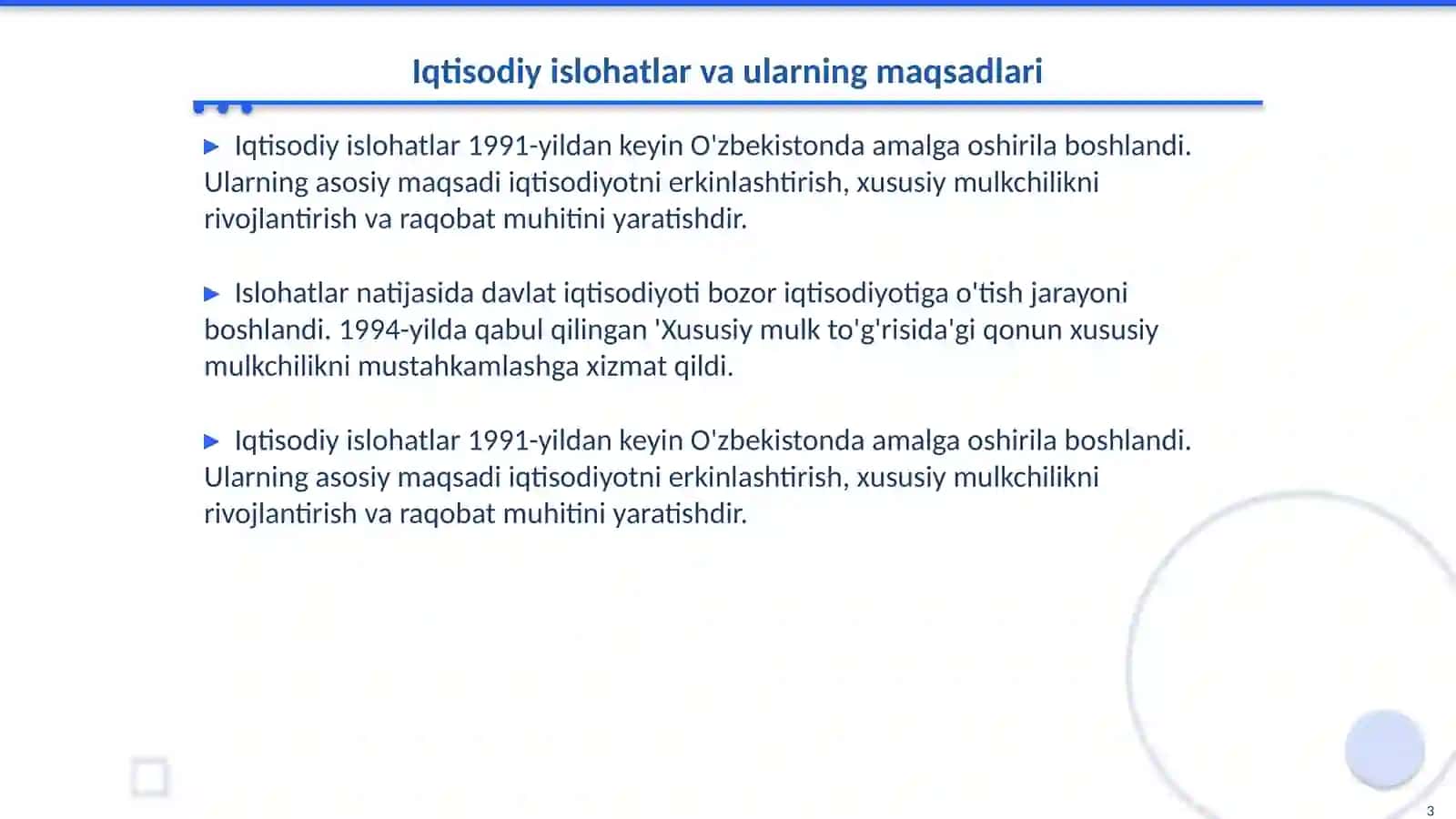 Iqtisodiy islohatlar.Xususiy mulkchilikning shakllanishi 3