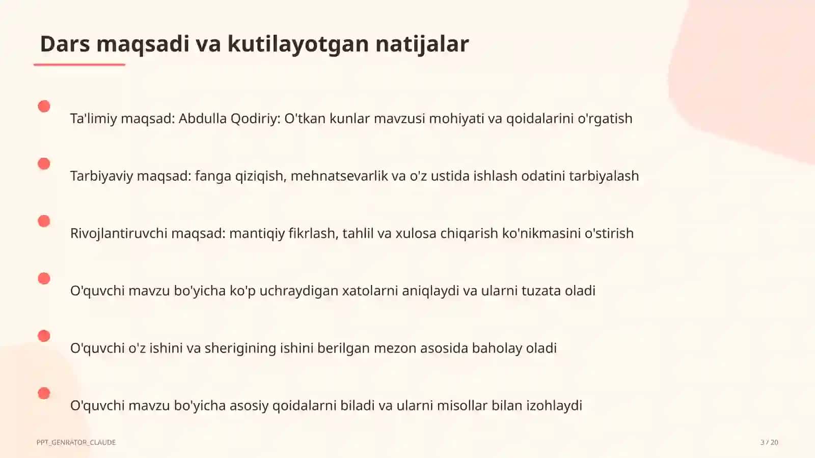 Abdulla Qodiriy: O'tkan kunlar (9-sinf) 3